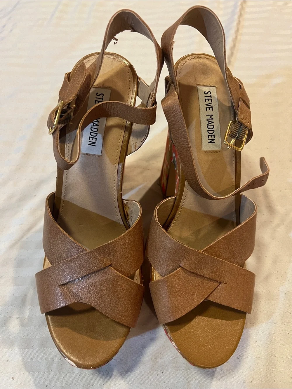 Steve Madden Brown Cross-Strap Wedge Sandals
